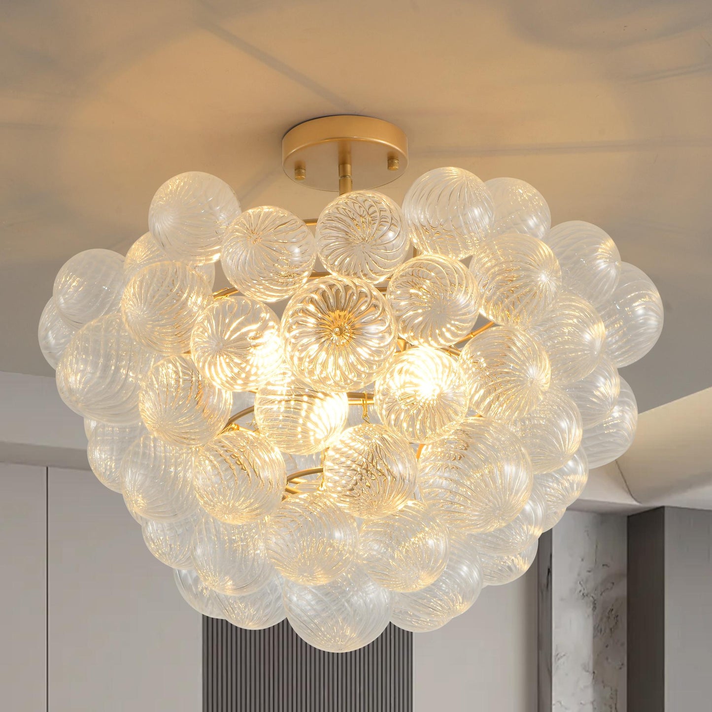 23.6-Inch Gold Ceiling Pendant Light with Threaded Clear Glass Globe Shade – Ideal for Living Room, Dining Room, Kitchen (Non Adjustable Height, No Bulbs)