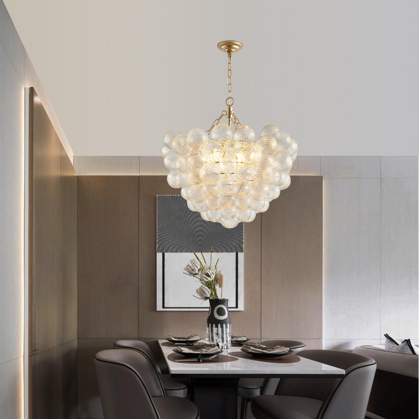 27.5-Inch Gold Pendant Light Chandelier with Threaded Clear Glass Globe Shade – Adjustable Height, Ideal for Living Room, Dining Room, Kitchen (No Bulbs)