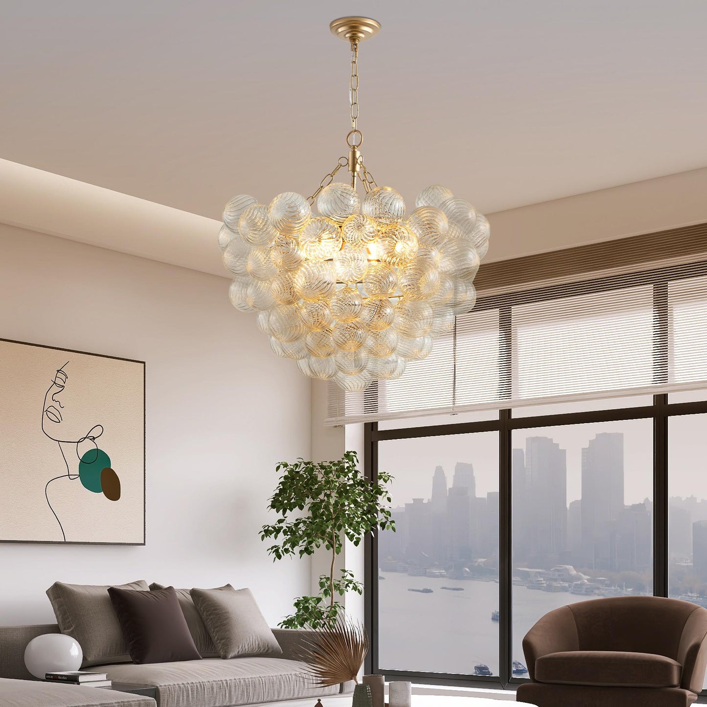 27.5-Inch Gold Pendant Light Chandelier with Threaded Clear Glass Globe Shade – Adjustable Height, Ideal for Living Room, Dining Room, Kitchen (No Bulbs)