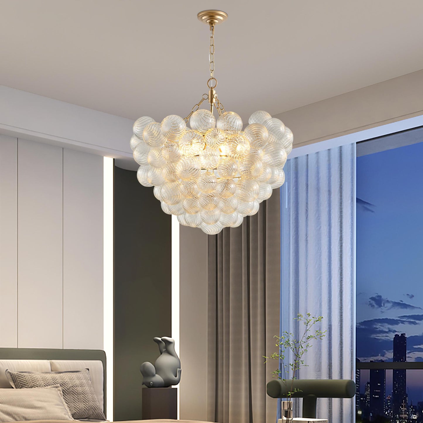27.5-Inch Gold Pendant Light Chandelier with Threaded Clear Glass Globe Shade – Adjustable Height, Ideal for Living Room, Dining Room, Kitchen (No Bulbs)