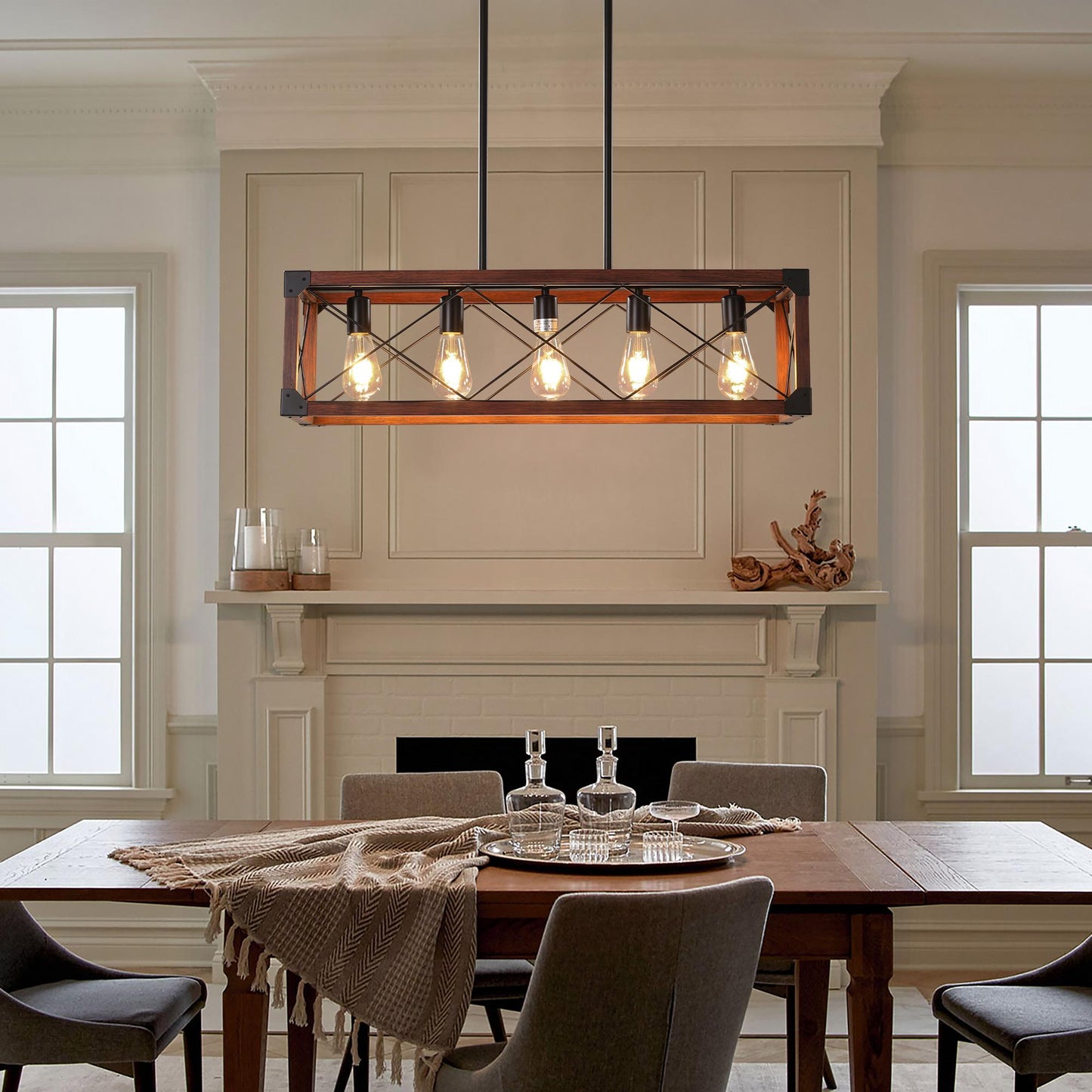 32" Red Wood Industrial Farmhouse Rectangle Pendant Light, 5-Light Chandelier for Dining Room, Kitchen Island, Cafe Decor (No Bulbs)