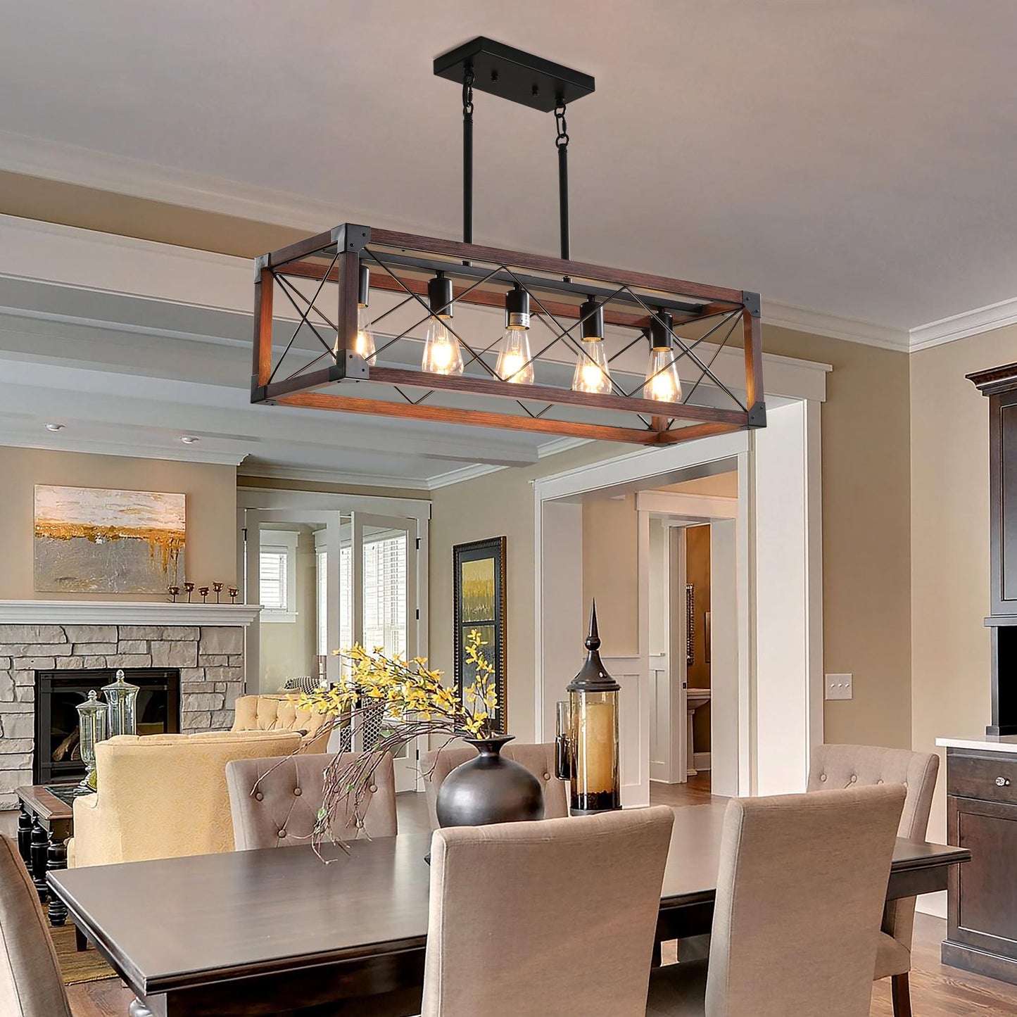 32" Red Wood Industrial Farmhouse Rectangle Pendant Light, 5-Light Chandelier for Dining Room, Kitchen Island, Cafe Decor (No Bulbs)