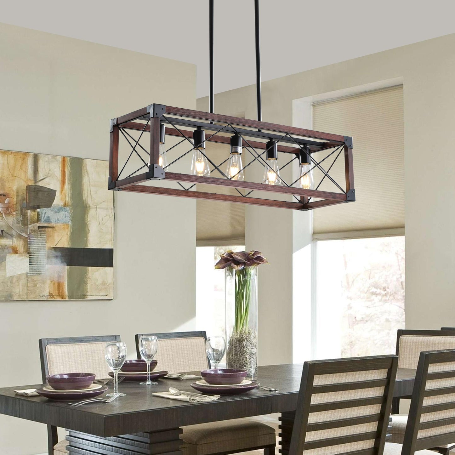 32" Red Wood Industrial Farmhouse Rectangle Pendant Light, 5-Light Chandelier for Dining Room, Kitchen Island, Cafe Decor (No Bulbs)