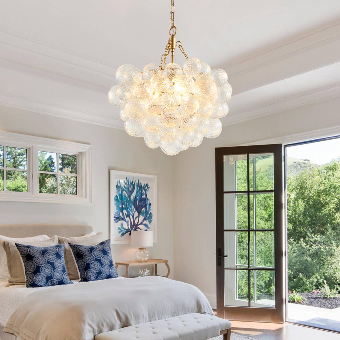 23.6-Inch Gold Pendant Light Chandelier with Threaded Clear Glass Globe Shade – Adjustable Height, Ideal for Living Room, Dining Room, Kitchen (No Bulbs)