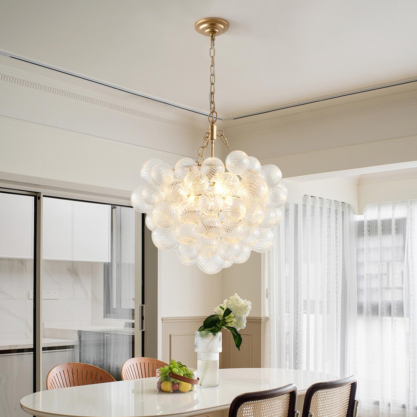 23.6-Inch Gold Pendant Light Chandelier with Threaded Clear Glass Globe Shade – Adjustable Height, Ideal for Living Room, Dining Room, Kitchen (No Bulbs)