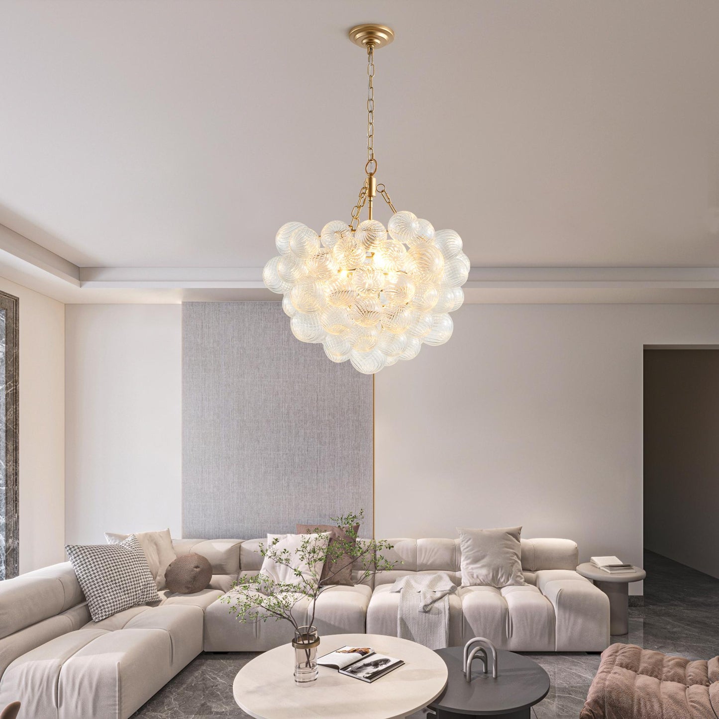 23.6-Inch Gold Pendant Light Chandelier with Threaded Clear Glass Globe Shade – Adjustable Height, Ideal for Living Room, Dining Room, Kitchen (No Bulbs)