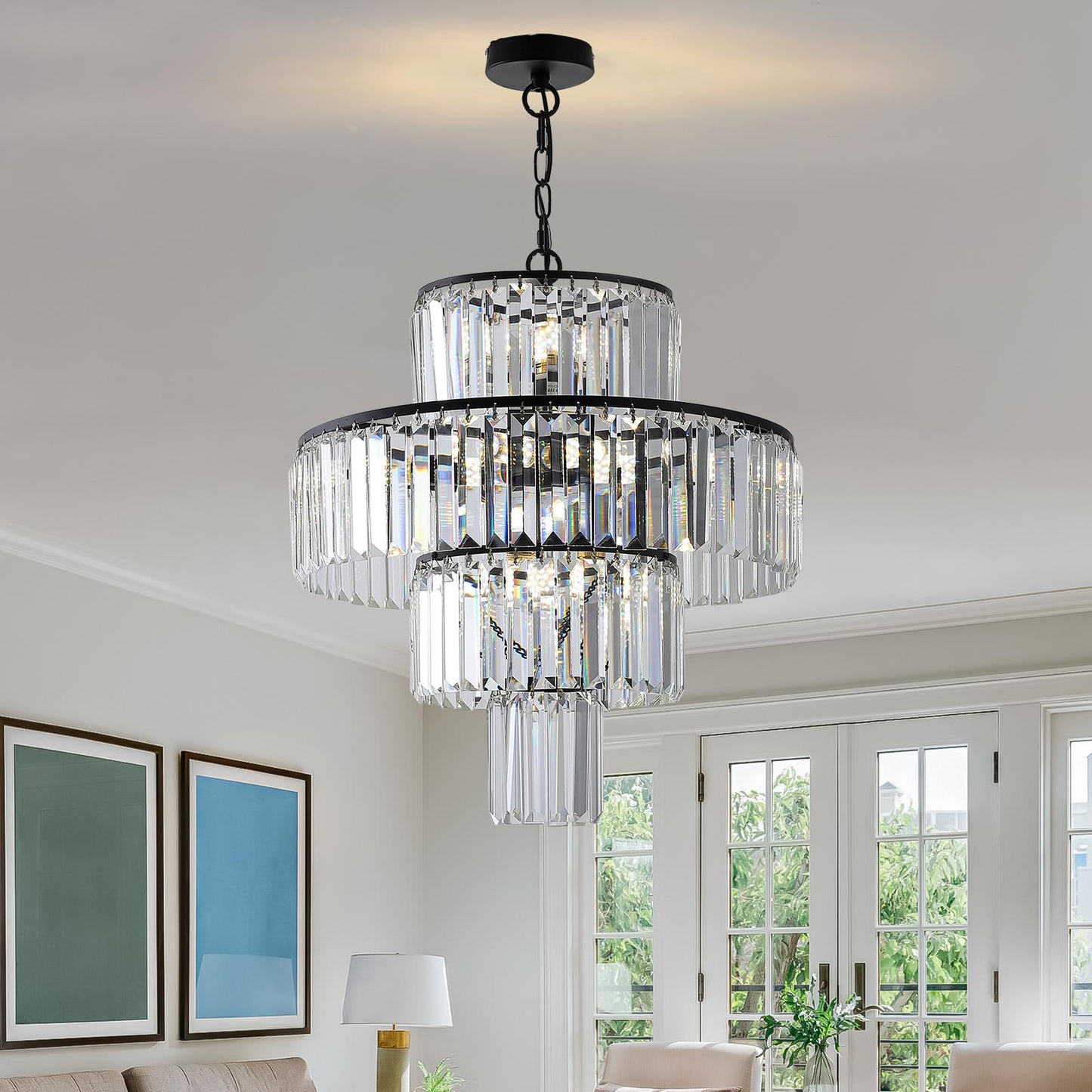 20" Modern Crystal Chandelier with Black Finish, 4-Tier Design for Dining Room or Living Room, Elegant Crystal Pendant Light Fixture (Bulb Not Included)