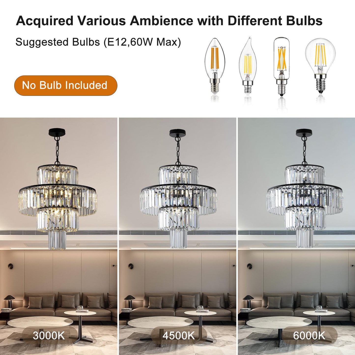 20" Modern Crystal Chandelier with Black Finish, 4-Tier Design for Dining Room or Living Room, Elegant Crystal Pendant Light Fixture (Bulb Not Included)