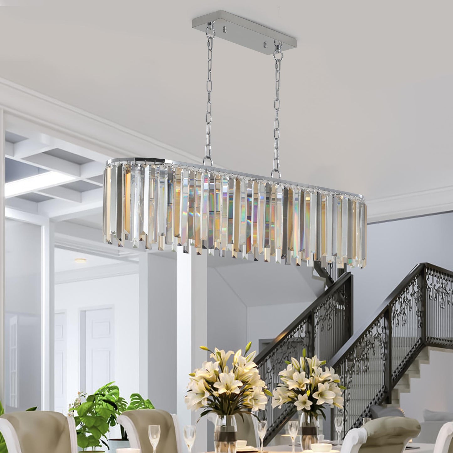 39" Modern Crystal Rectangle Pendant Chandelier with Chrome Finish – Elegant Light Fixture for Living Room, Dining Room, or Kitchen (Bulb Not Included)