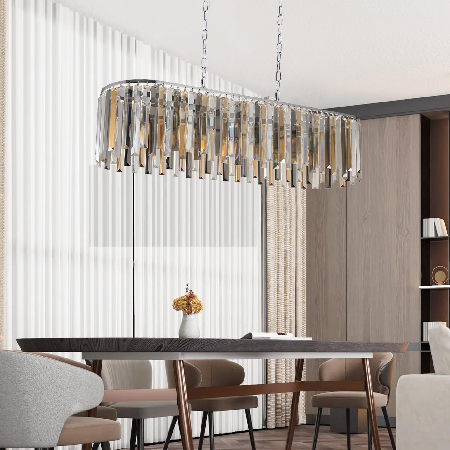 39" Modern Crystal Rectangle Pendant Chandelier with Chrome Finish – Elegant Light Fixture for Living Room, Dining Room, or Kitchen (Bulb Not Included)