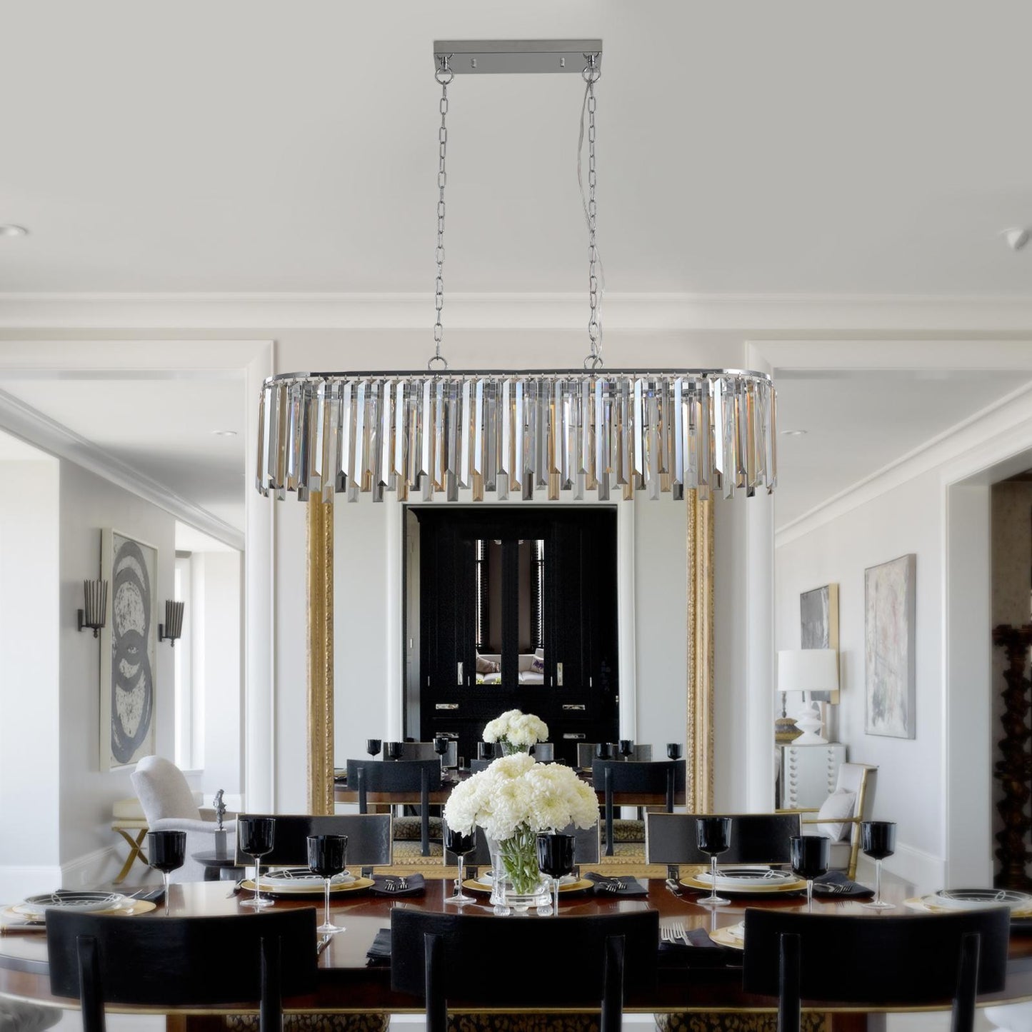 39" Modern Crystal Rectangle Pendant Chandelier with Chrome Finish – Elegant Light Fixture for Living Room, Dining Room, or Kitchen (Bulb Not Included)