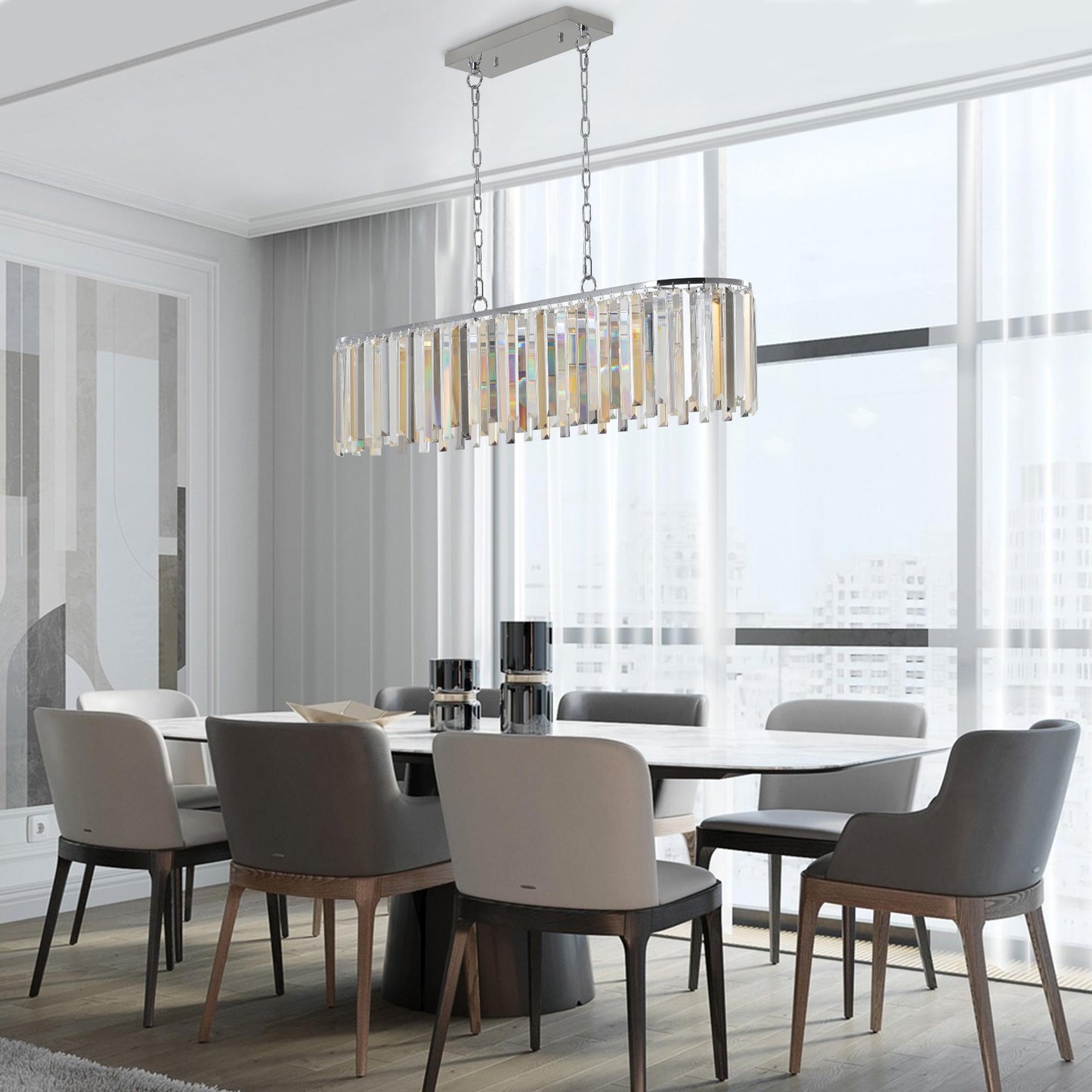 39" Modern Crystal Rectangle Pendant Chandelier with Chrome Finish – Elegant Light Fixture for Living Room, Dining Room, or Kitchen (Bulb Not Included)