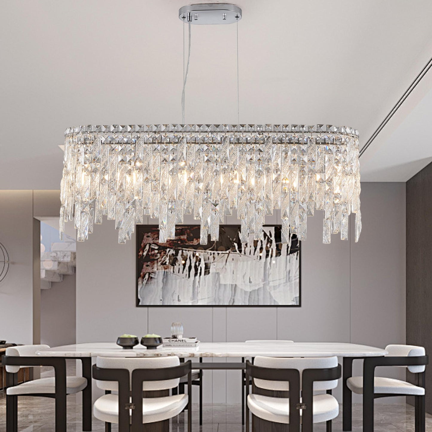 (Same as W1340P189443/L5024-880-C) Silver Elegant Oval Crystal Chandelier, Modern Ceiling Light Fixture with Reflective Hanging Crystals for Dining Room, Living Room, and FoyerS (Bulbs Not Included)