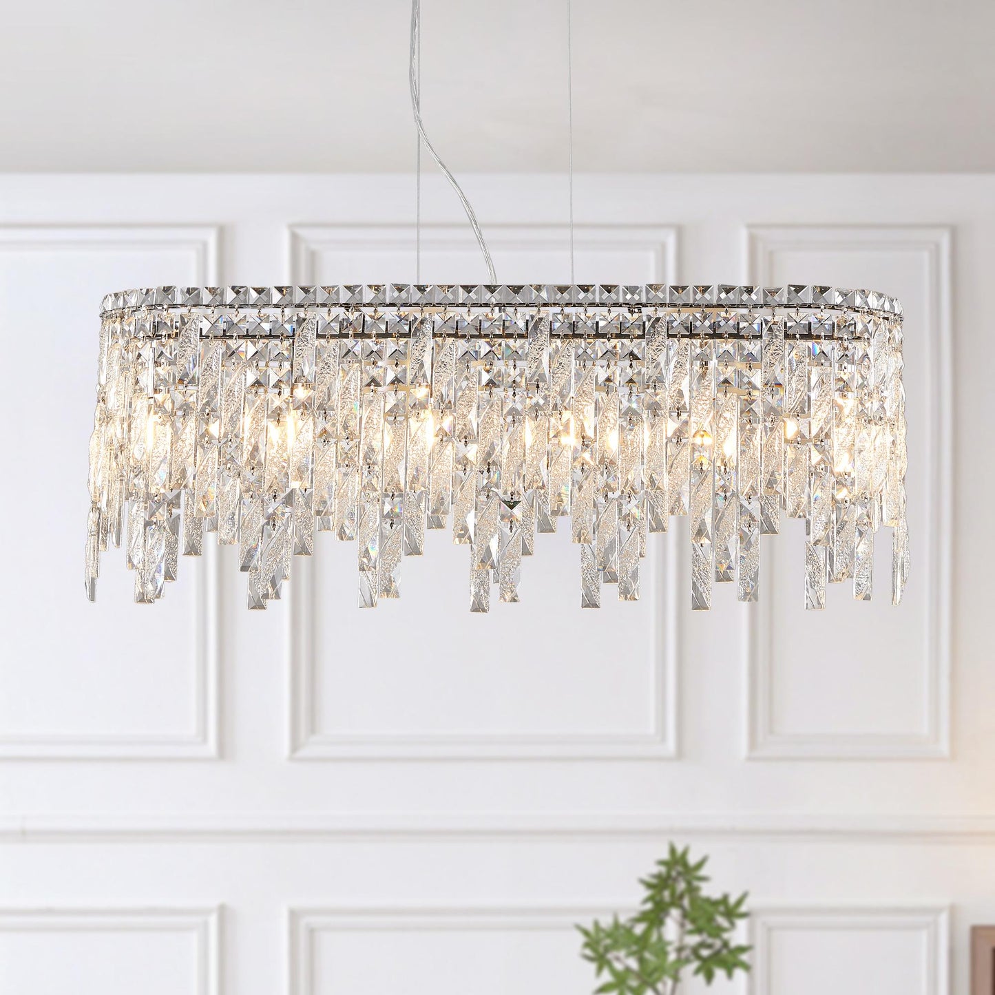 (Same as W1340P189443/L5024-880-C) Silver Elegant Oval Crystal Chandelier, Modern Ceiling Light Fixture with Reflective Hanging Crystals for Dining Room, Living Room, and FoyerS (Bulbs Not Included)