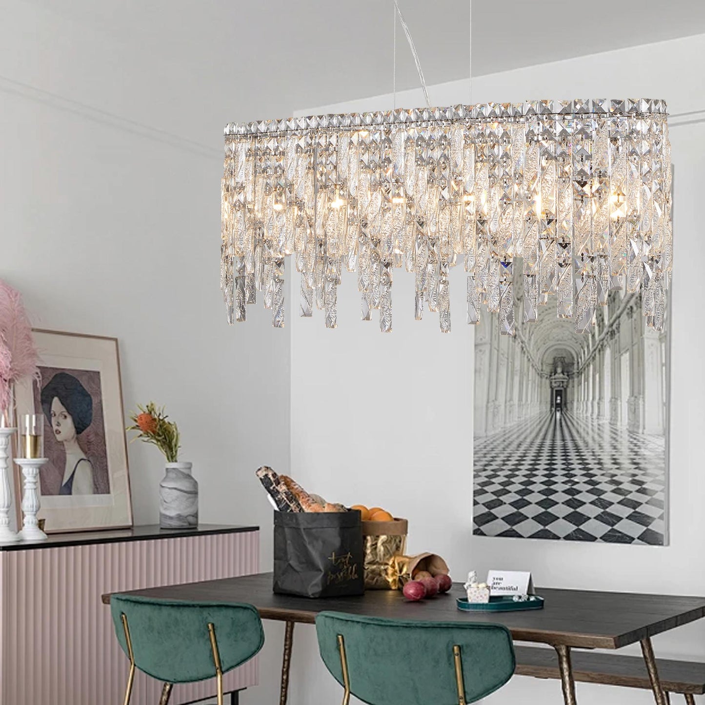 (Same as W1340P189443/L5024-880-C) Silver Elegant Oval Crystal Chandelier, Modern Ceiling Light Fixture with Reflective Hanging Crystals for Dining Room, Living Room, and FoyerS (Bulbs Not Included)
