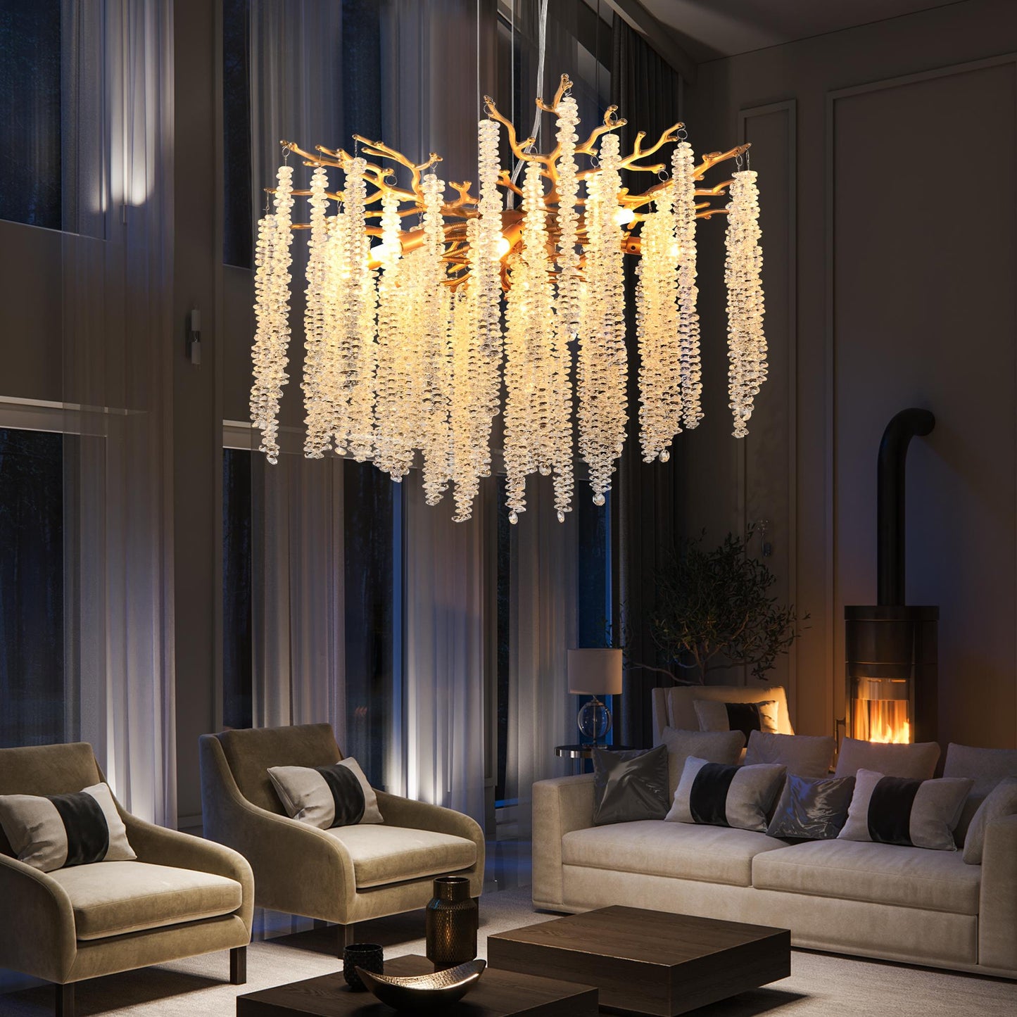 24-inch Modern Golden Pendant Light with Cascading Crystal Strands, Ideal for Living Room, Dining Room and Foyer, High-End Decorative Lighting Fixture (Bulb Not Included)