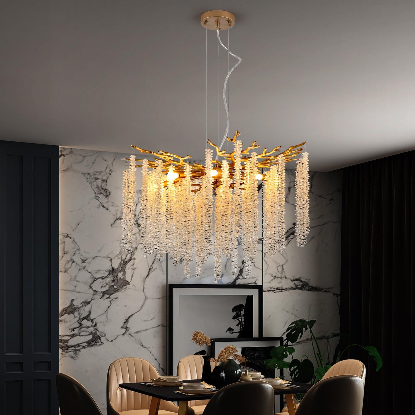 24-inch Modern Golden Pendant Light with Cascading Crystal Strands, Ideal for Living Room, Dining Room and Foyer, High-End Decorative Lighting Fixture (Bulb Not Included)