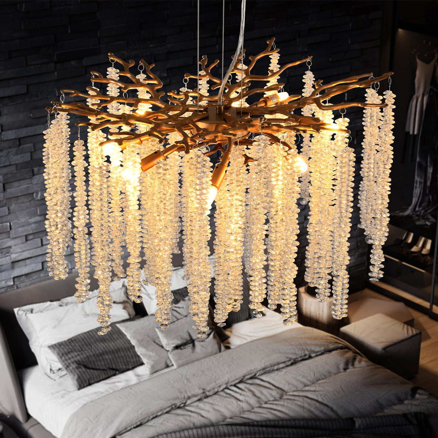 24-inch Modern Golden Pendant Light with Cascading Crystal Strands, Ideal for Living Room, Dining Room and Foyer, High-End Decorative Lighting Fixture (Bulb Not Included)
