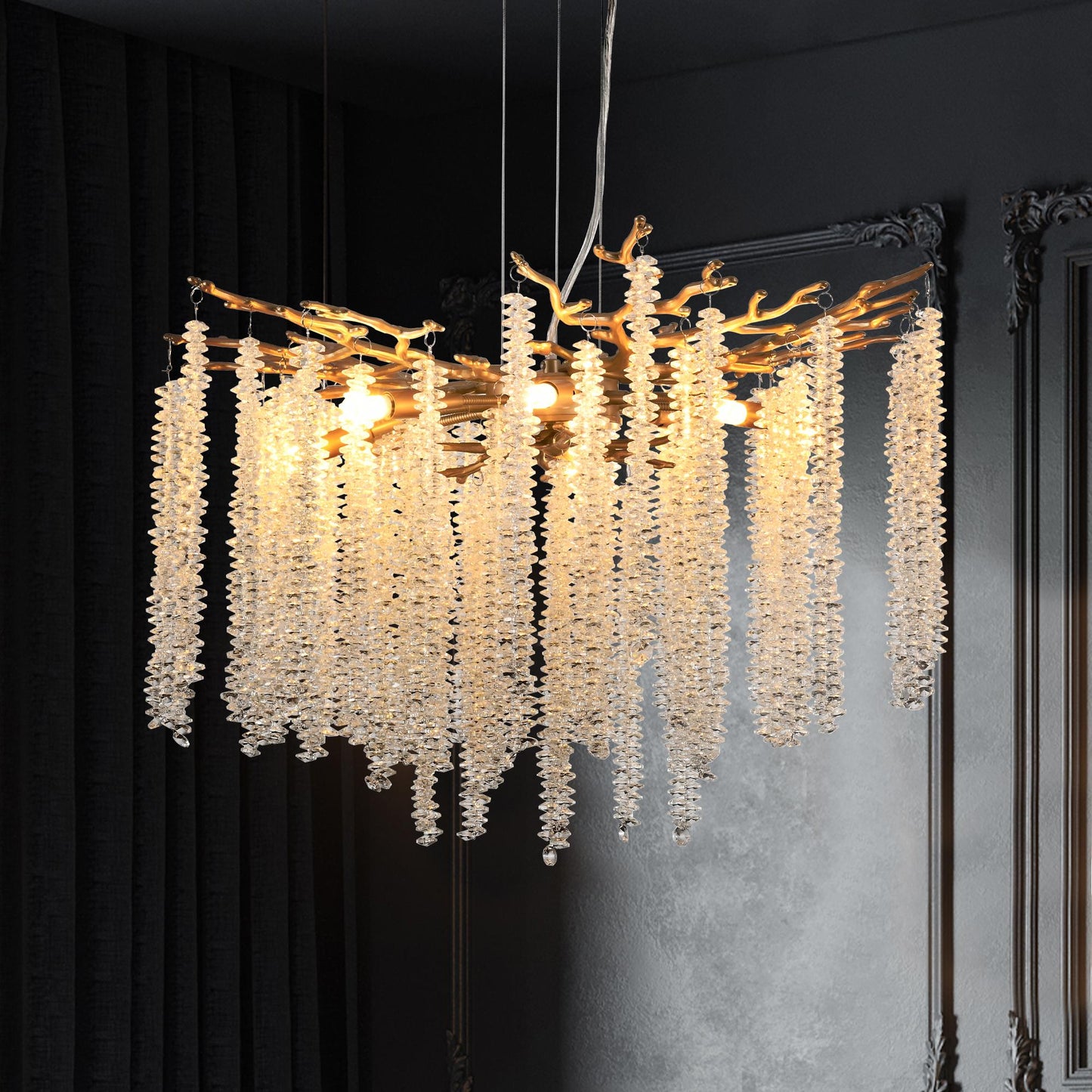 24-inch Modern Golden Pendant Light with Cascading Crystal Strands, Ideal for Living Room, Dining Room and Foyer, High-End Decorative Lighting Fixture (Bulb Not Included)