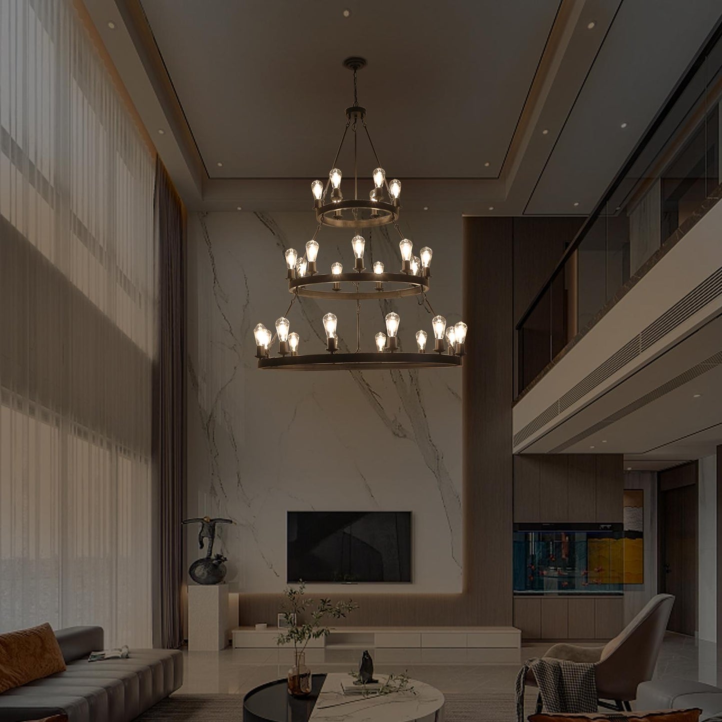 45" Retro Industrial Style 3-Layer Pendant Light, 27-Lights Black Farmhouse Pendant, Suitable for Dining Rooms, Living Rooms (Bulb Not Included)