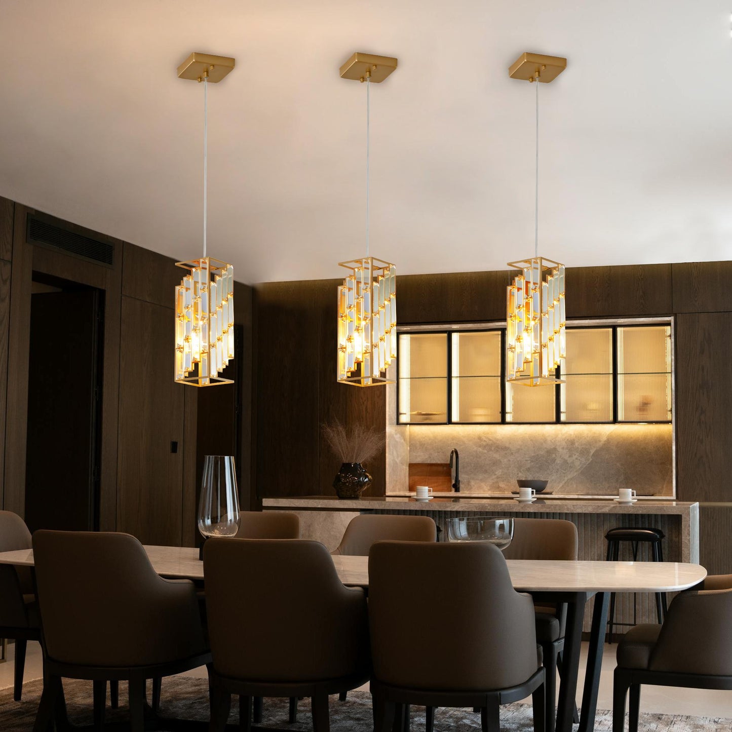 4" Modern Crystal Pendant Light - 3 Pack, Adjustable Hanging Ceiling Lamp with Crystal Prism Design for Dining Room, Kitchen Island, and Living Room -Golden Finish
