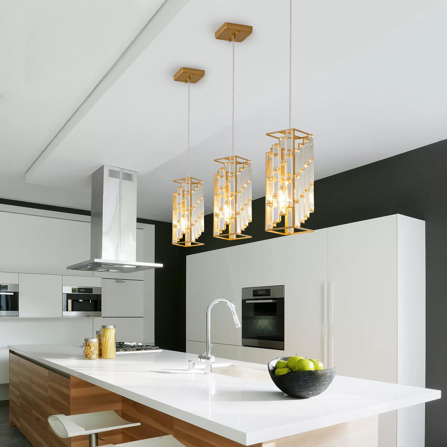 4" Modern Crystal Pendant Light - 3 Pack, Adjustable Hanging Ceiling Lamp with Crystal Prism Design for Dining Room, Kitchen Island, and Living Room -Golden Finish