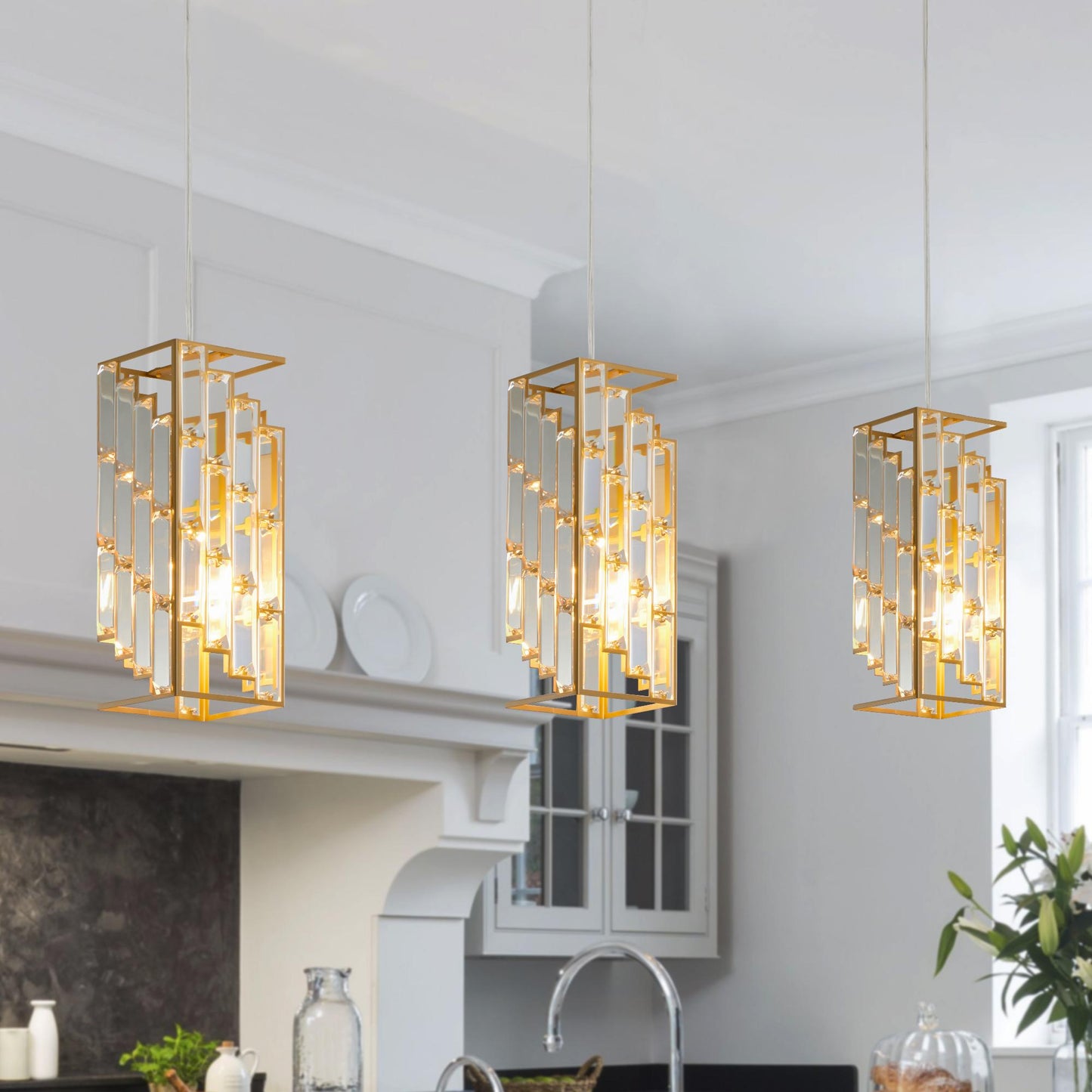 4" Modern Crystal Pendant Light - 3 Pack, Adjustable Hanging Ceiling Lamp with Crystal Prism Design for Dining Room, Kitchen Island, and Living Room -Golden Finish