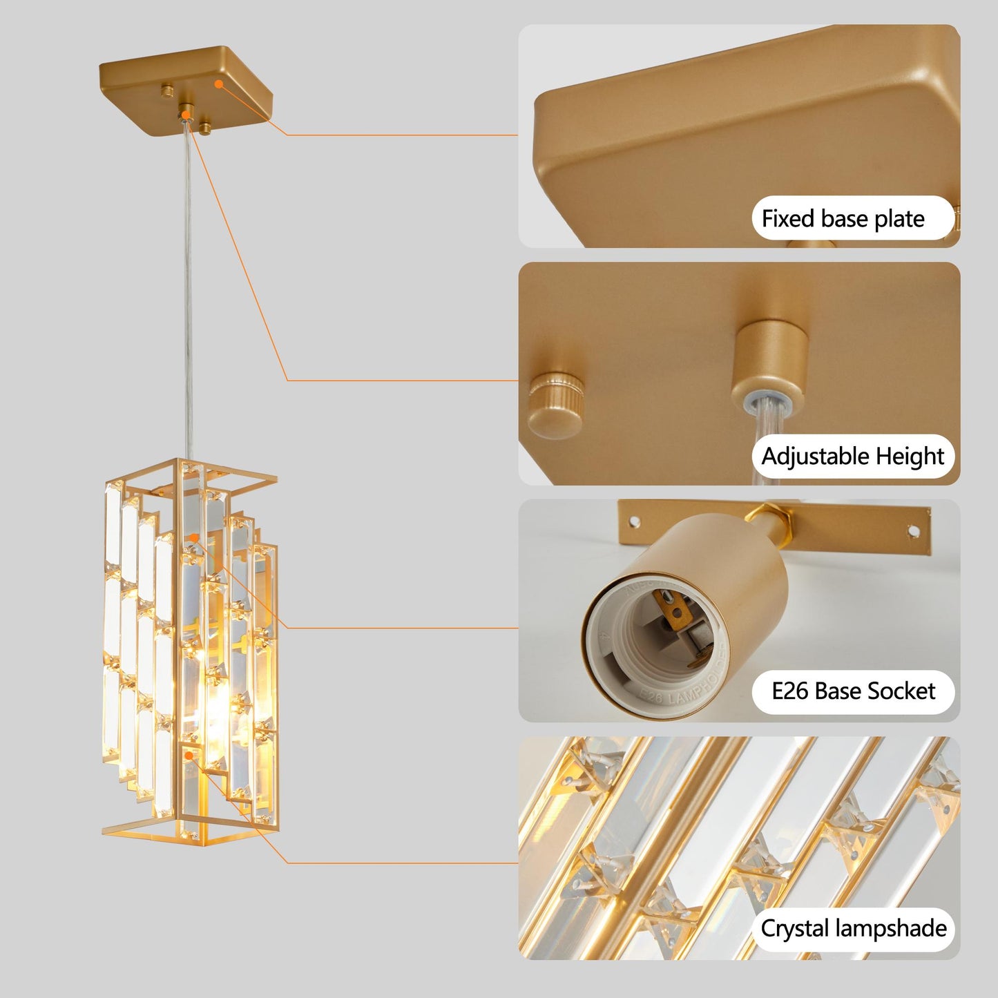 4" Modern Crystal Pendant Light - 3 Pack, Adjustable Hanging Ceiling Lamp with Crystal Prism Design for Dining Room, Kitchen Island, and Living Room -Golden Finish