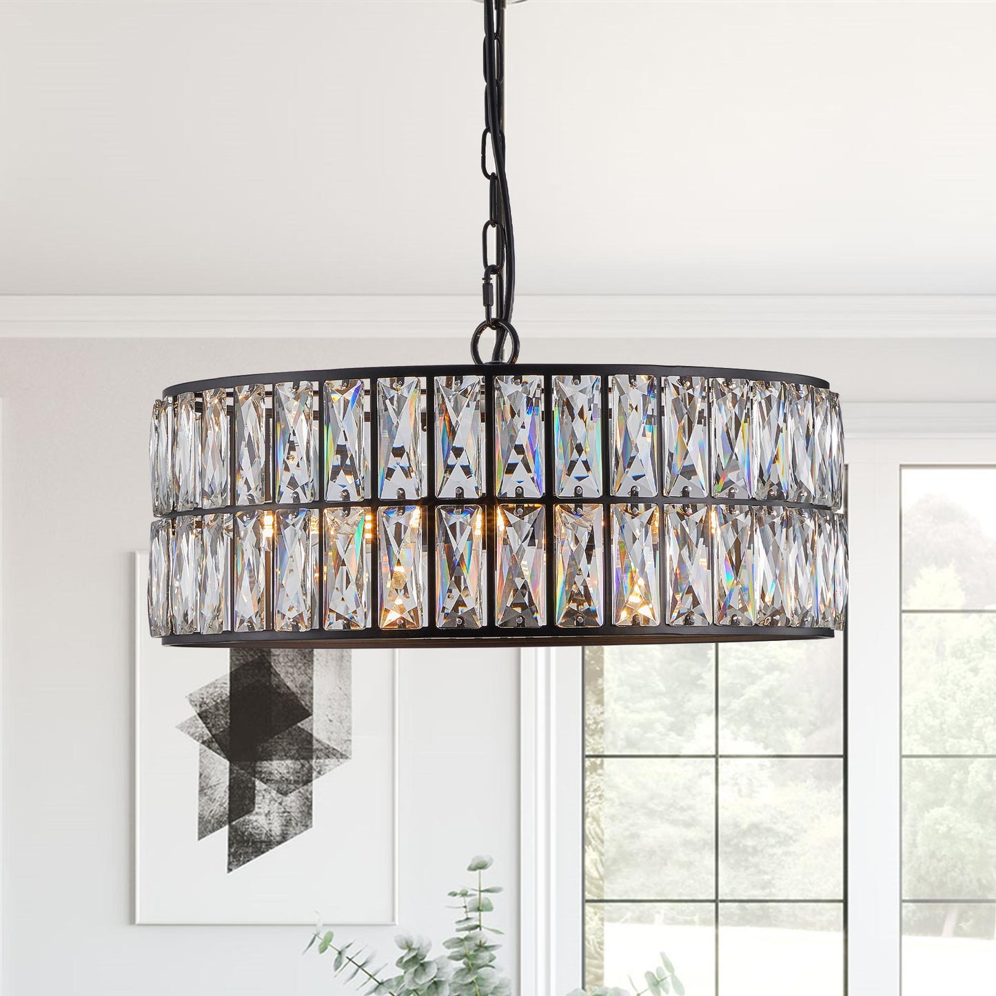 18" Black Modern Crystal Drum Chandelier, 6-Light Pendant Lighting Fixture with Metal Frame for Living Room, Dining Room, and Bedroom (Bulbs Not Included)