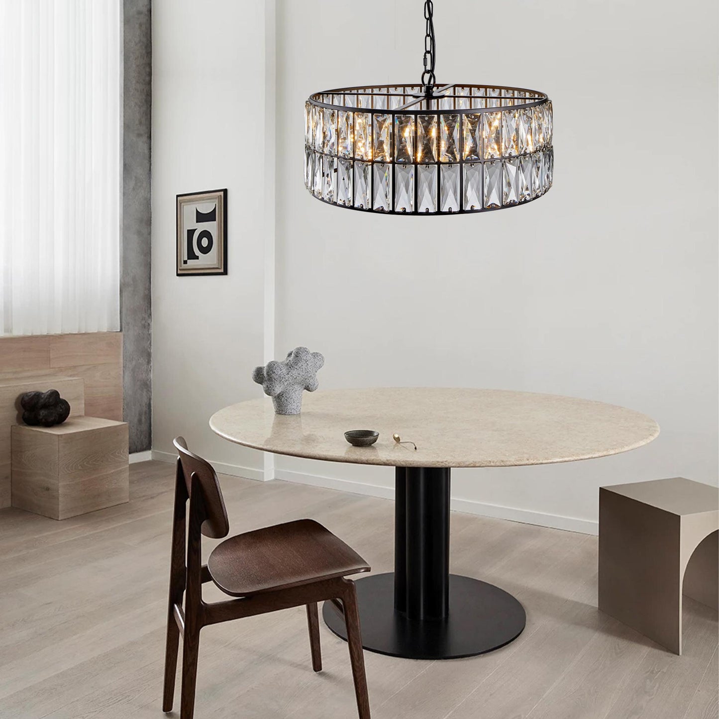 18" Black Modern Crystal Drum Chandelier, 6-Light Pendant Lighting Fixture with Metal Frame for Living Room, Dining Room, and Bedroom (Bulbs Not Included)