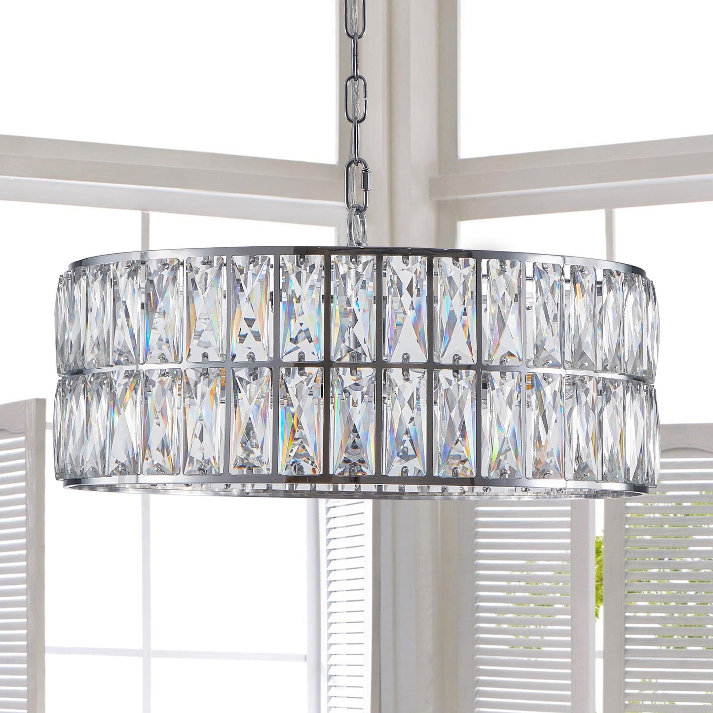 18" Chrome Modern Crystal Drum Chandelier, 6-Light Pendant Lighting Fixture with Metal Frame for Living Room, Dining Room, and Bedroom (Bulbs Not Included)