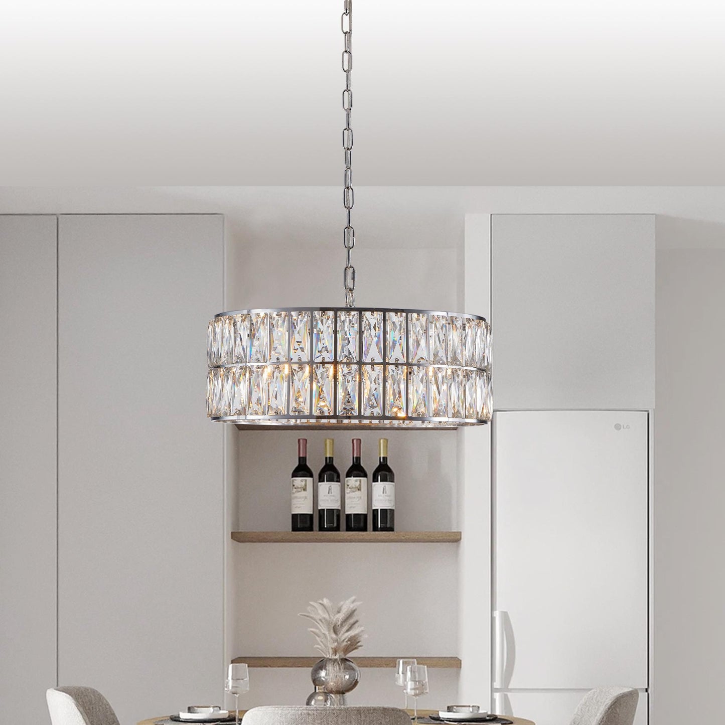18" Chrome Modern Crystal Drum Chandelier, 6-Light Pendant Lighting Fixture with Metal Frame for Living Room, Dining Room, and Bedroom (Bulbs Not Included)