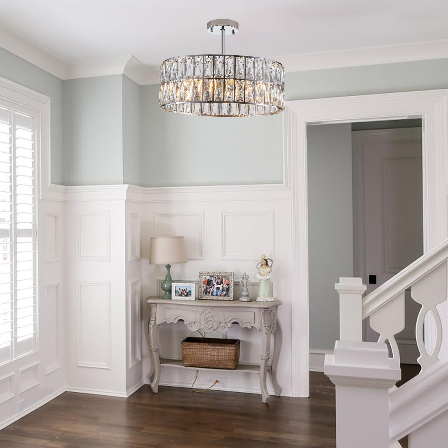 18" Chrome Modern Crystal Drum Chandelier, 6-Light Pendant Lighting Fixture with Metal Frame for Living Room, Dining Room, and Bedroom (Bulbs Not Included)