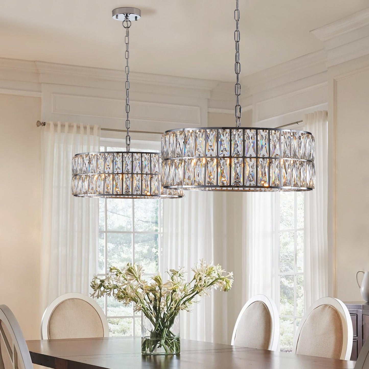 18" Chrome Modern Crystal Drum Chandelier, 6-Light Pendant Lighting Fixture with Metal Frame for Living Room, Dining Room, and Bedroom (Bulbs Not Included)