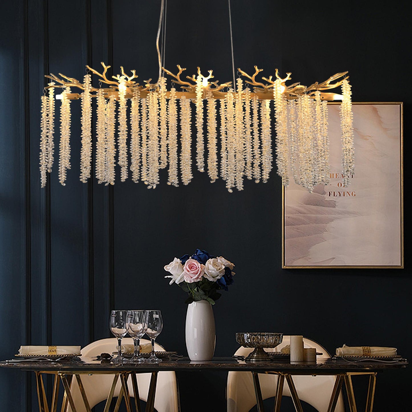 39-inch Modern Golden Pendant Light with Cascading Crystal Strands, Ideal for Living Room, Dining Room and Foyer, High-End Decorative Lighting Fixture (Bulb Not Included)