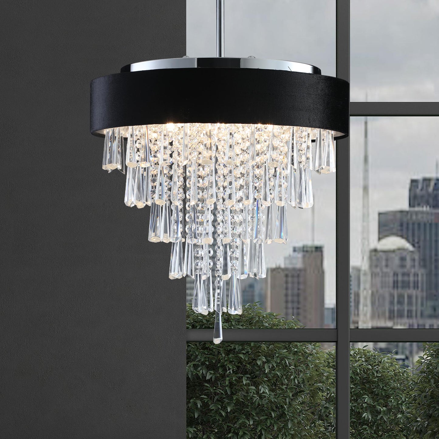 18-inch Modern Crystal Chandelier with Black Imitation Velvet Anti-Glare Shade, Adjustable Height, 8-Light G9 Base for Dining Room, Living Room, or Bedroom (Bulb Not Included)