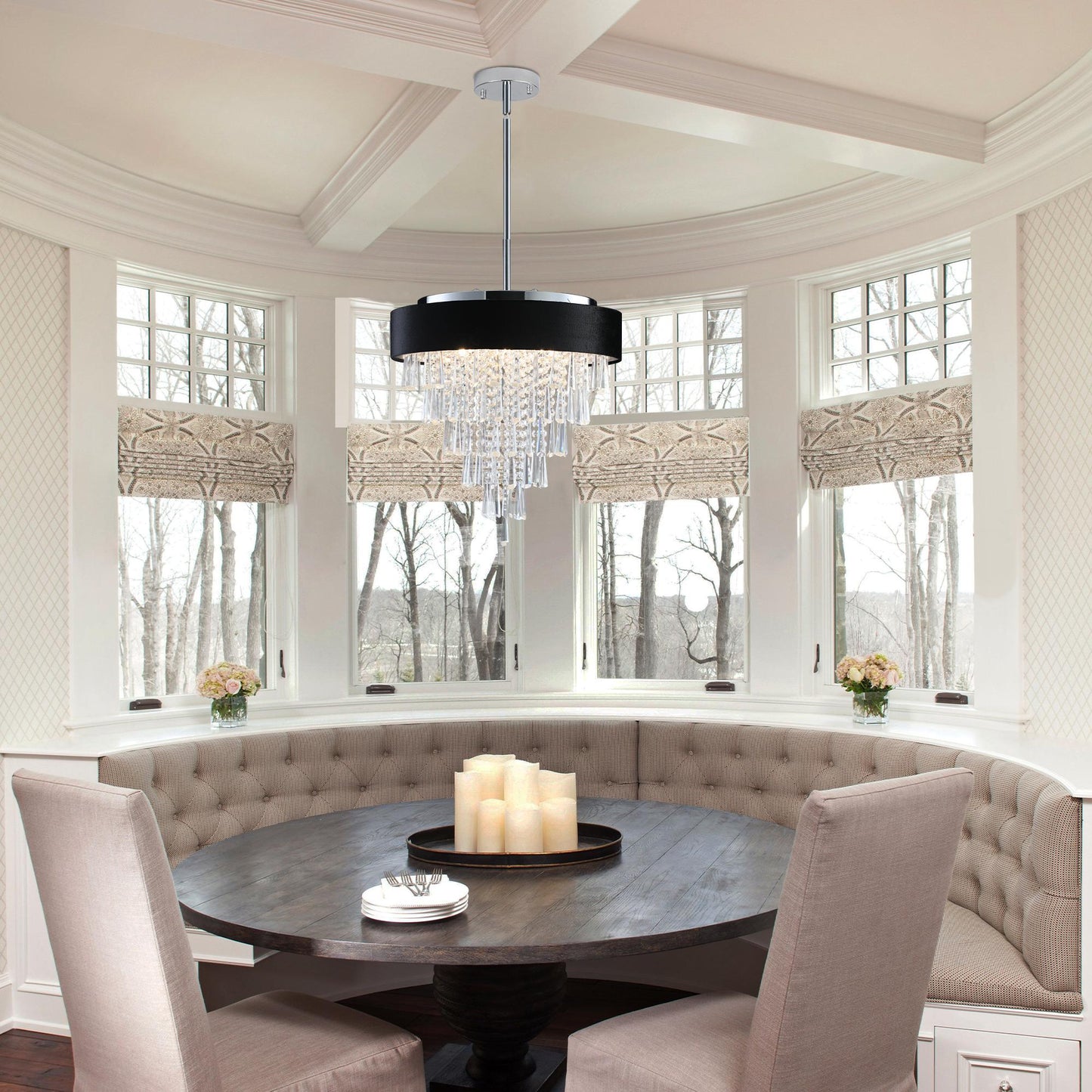 18-inch Modern Crystal Chandelier with Black Imitation Velvet Anti-Glare Shade, Adjustable Height, 8-Light G9 Base for Dining Room, Living Room, or Bedroom (Bulb Not Included)