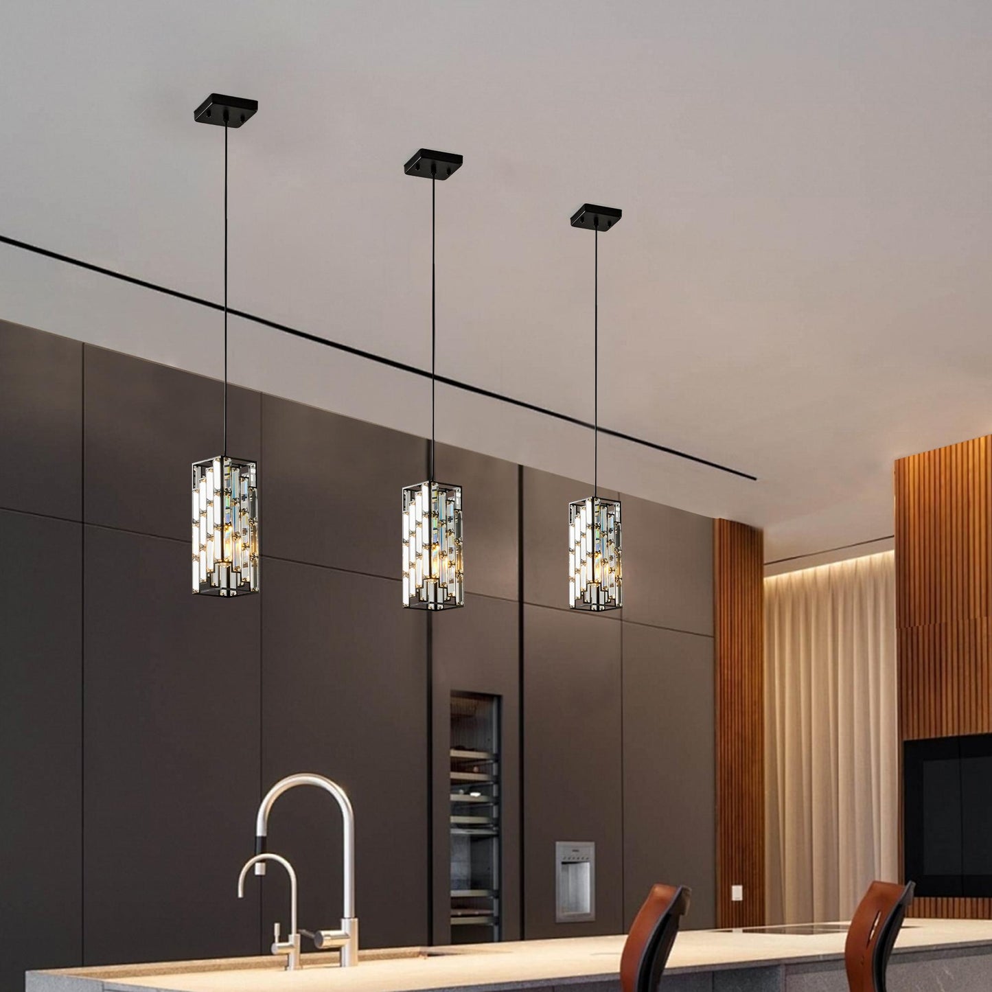 4" Modern Crystal Pendant Light - 3 Pack, Adjustable Hanging Ceiling Lamp with Crystal Prism Design for Dining Room, Kitchen Island, and Living Room -Black Finish
