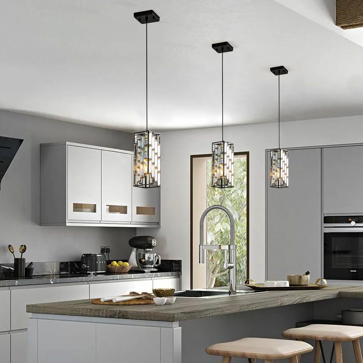 4" Modern Crystal Pendant Light - 3 Pack, Adjustable Hanging Ceiling Lamp with Crystal Prism Design for Dining Room, Kitchen Island, and Living Room -Black Finish