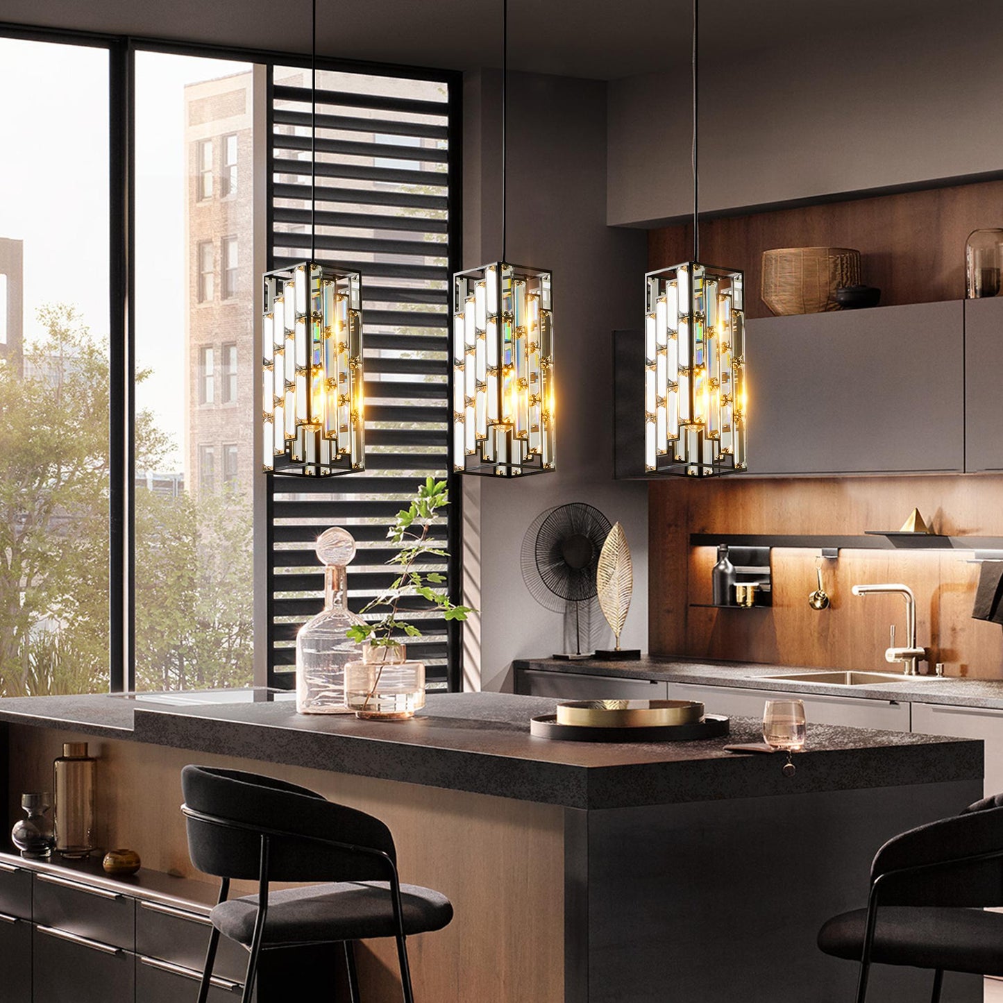 4" Modern Crystal Pendant Light - 3 Pack, Adjustable Hanging Ceiling Lamp with Crystal Prism Design for Dining Room, Kitchen Island, and Living Room -Black Finish