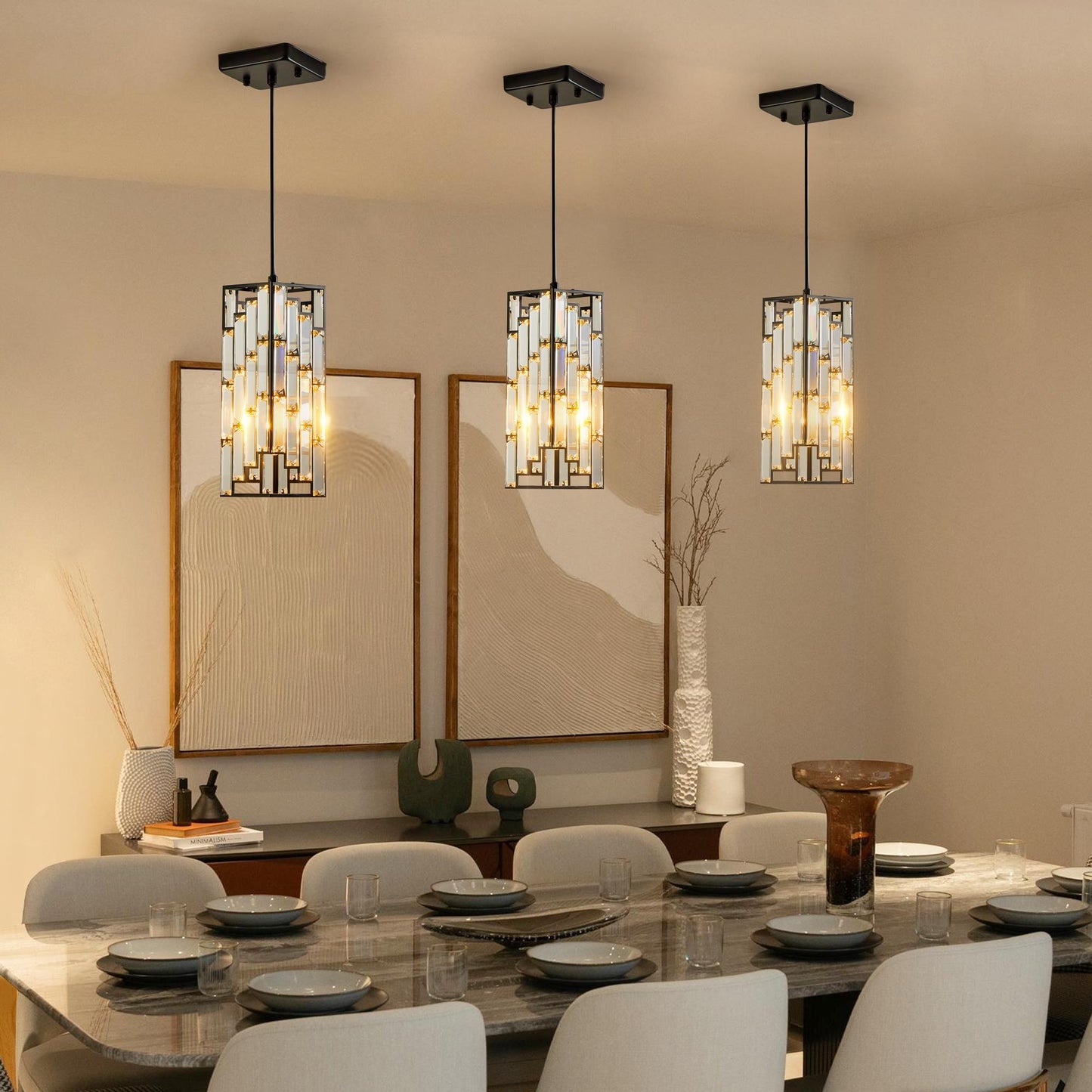 4" Modern Crystal Pendant Light - 3 Pack, Adjustable Hanging Ceiling Lamp with Crystal Prism Design for Dining Room, Kitchen Island, and Living Room -Black Finish