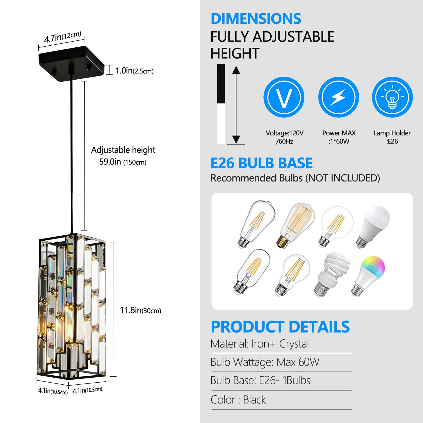 4" Modern Crystal Pendant Light - 3 Pack, Adjustable Hanging Ceiling Lamp with Crystal Prism Design for Dining Room, Kitchen Island, and Living Room -Black Finish