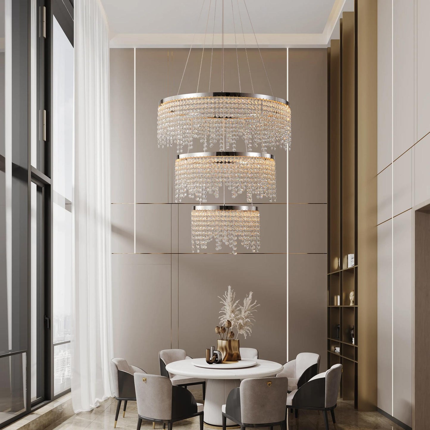24-inch Crystal Chandelier LED Ceiling Lamp, Adjustable Color Temperature 3000K/4000K/6000K, Height Adjustable, Luxury Round Chandelier, Suitable for Living Room, Dining Room, Bedroom