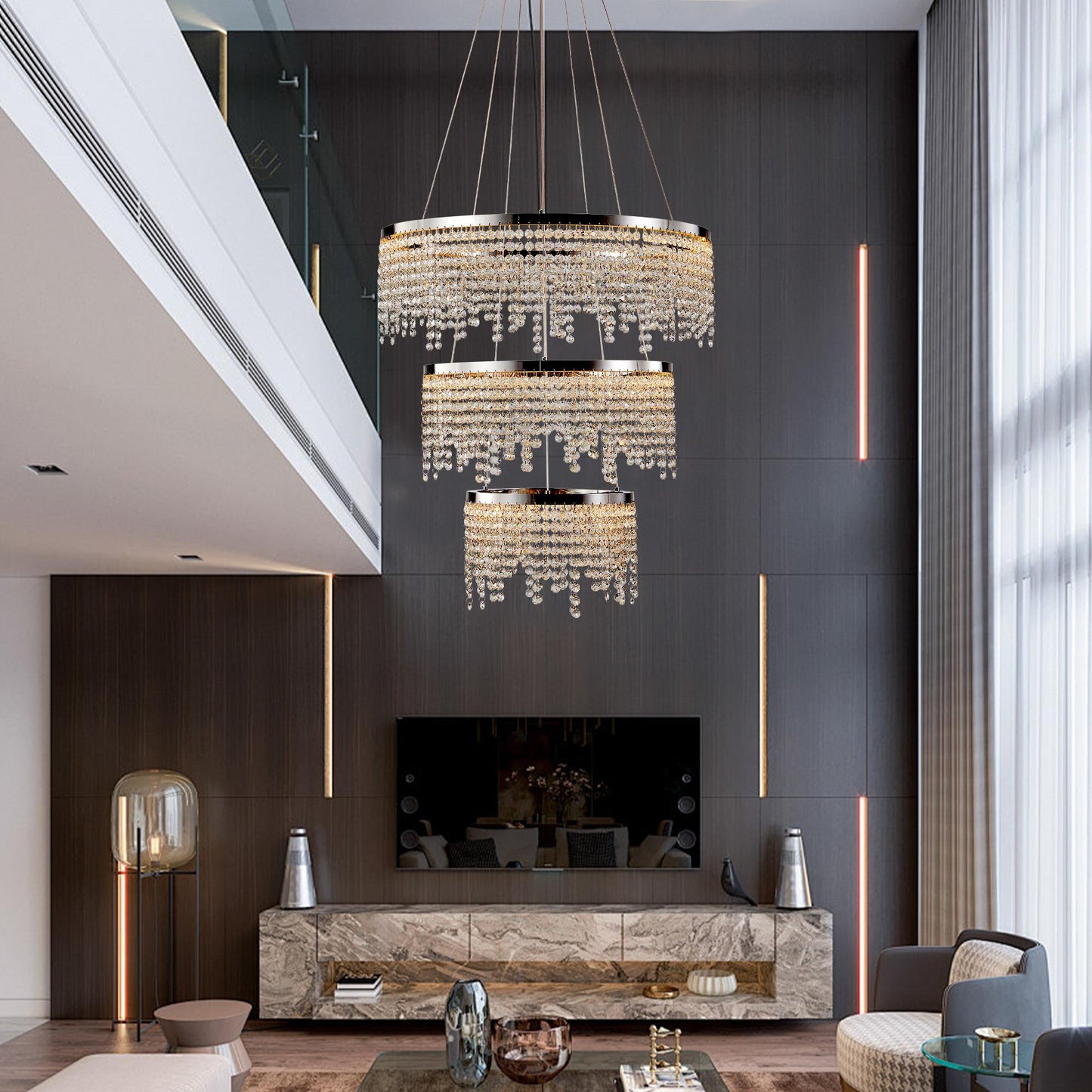 24-inch Crystal Chandelier LED Ceiling Lamp, Adjustable Color Temperature 3000K/4000K/6000K, Height Adjustable, Luxury Round Chandelier, Suitable for Living Room, Dining Room, Bedroom
