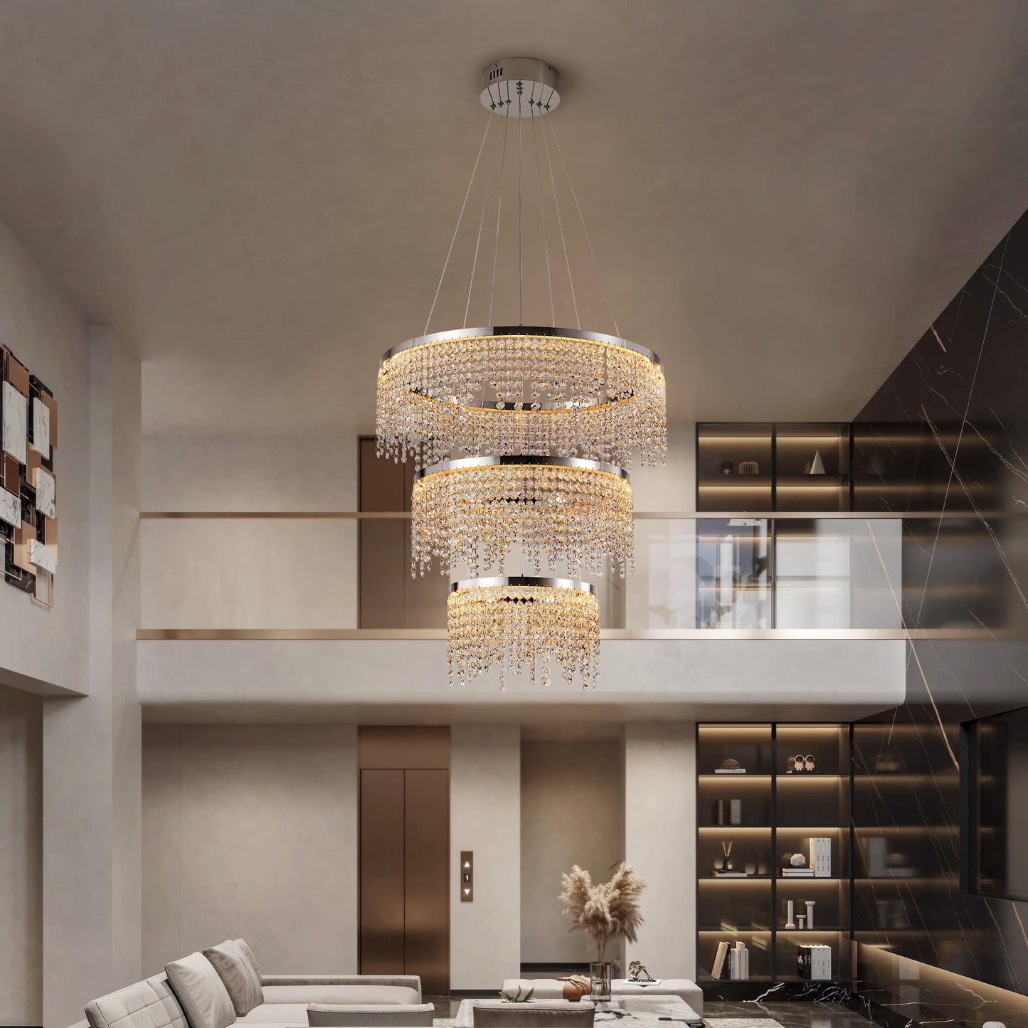 24-inch Crystal Chandelier LED Ceiling Lamp, Adjustable Color Temperature 3000K/4000K/6000K, Height Adjustable, Luxury Round Chandelier, Suitable for Living Room, Dining Room, Bedroom