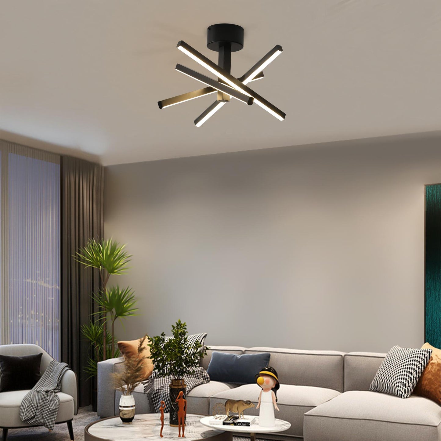 12 Inch Modern LED Ceiling Light, Geometric Starburst Design with Black Finish for Living Room, Bedroom, and Hallways