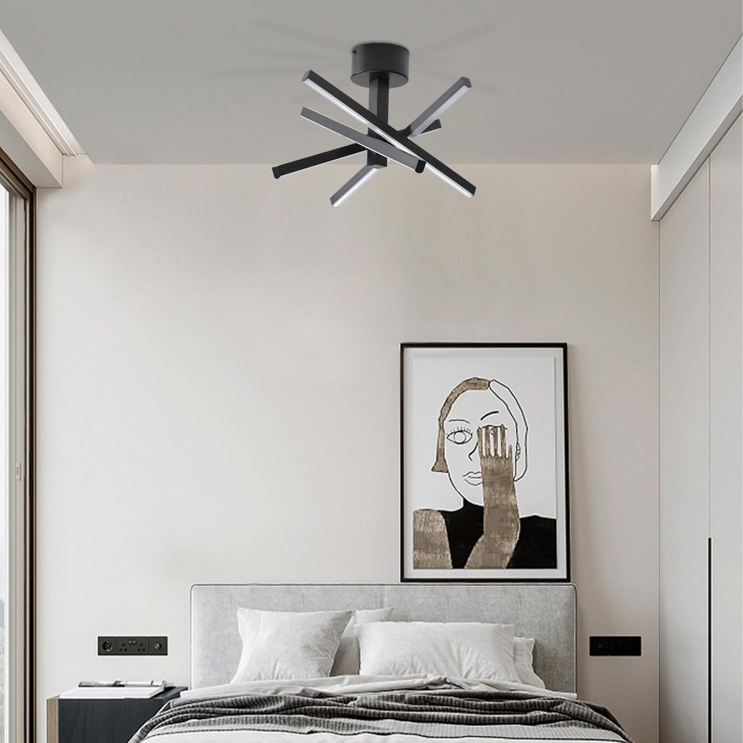 12 Inch Modern LED Ceiling Light, Geometric Starburst Design with Black Finish for Living Room, Bedroom, and Hallways