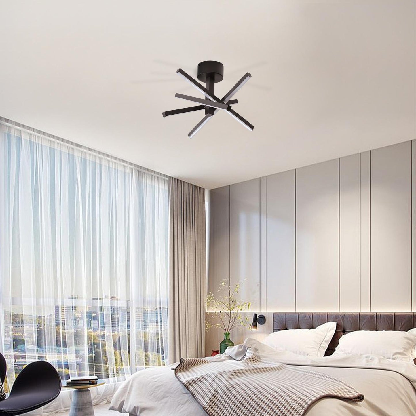 12 Inch Modern LED Ceiling Light, Geometric Starburst Design with Black Finish for Living Room, Bedroom, and Hallways