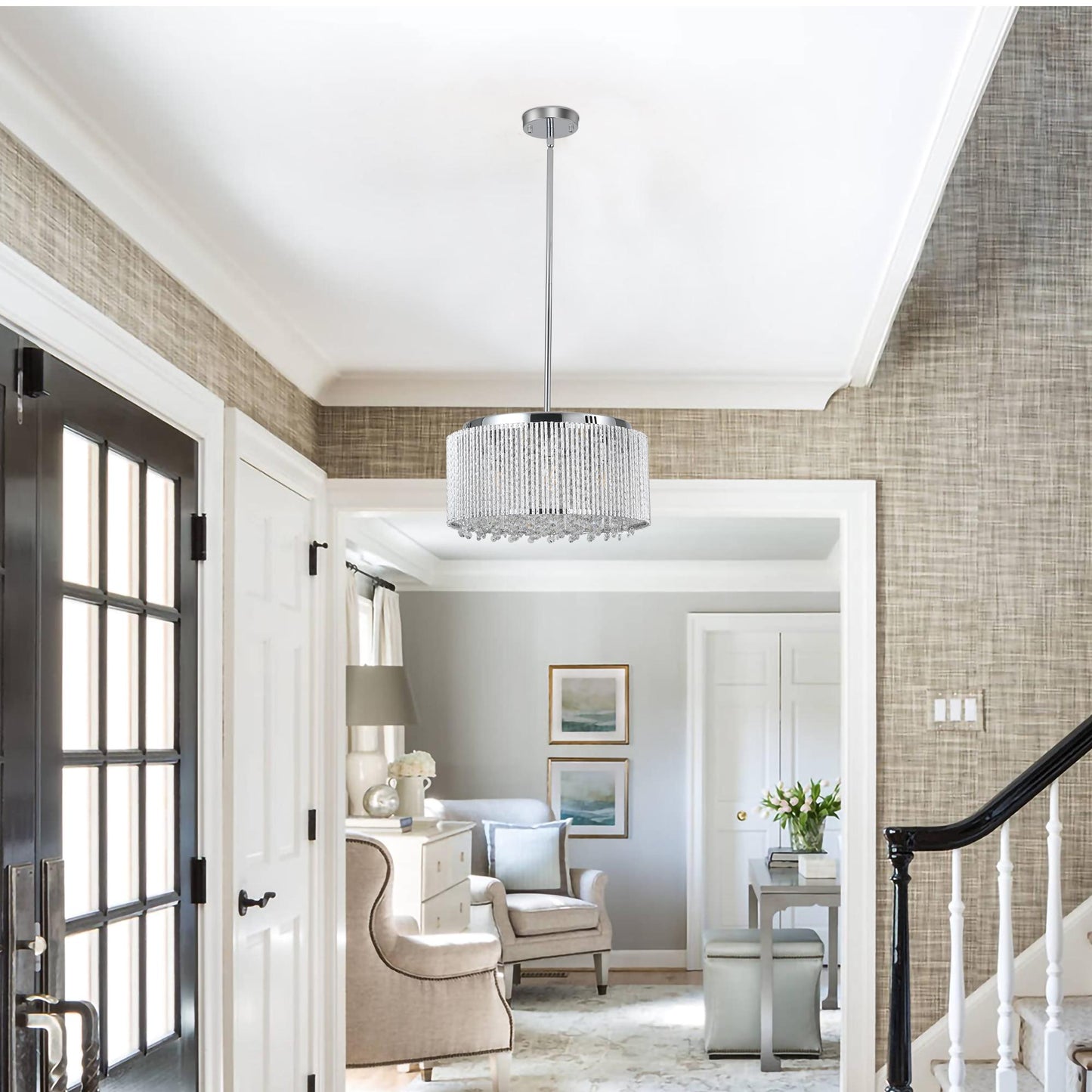 16" Elegant Crystal Pendant Chandelier with Chrome Finish – 7-Light Drum Light Fixture with Clear Crystal Strands for Dining Room, Living Room, or Bedroom (Bulb Not Included)
