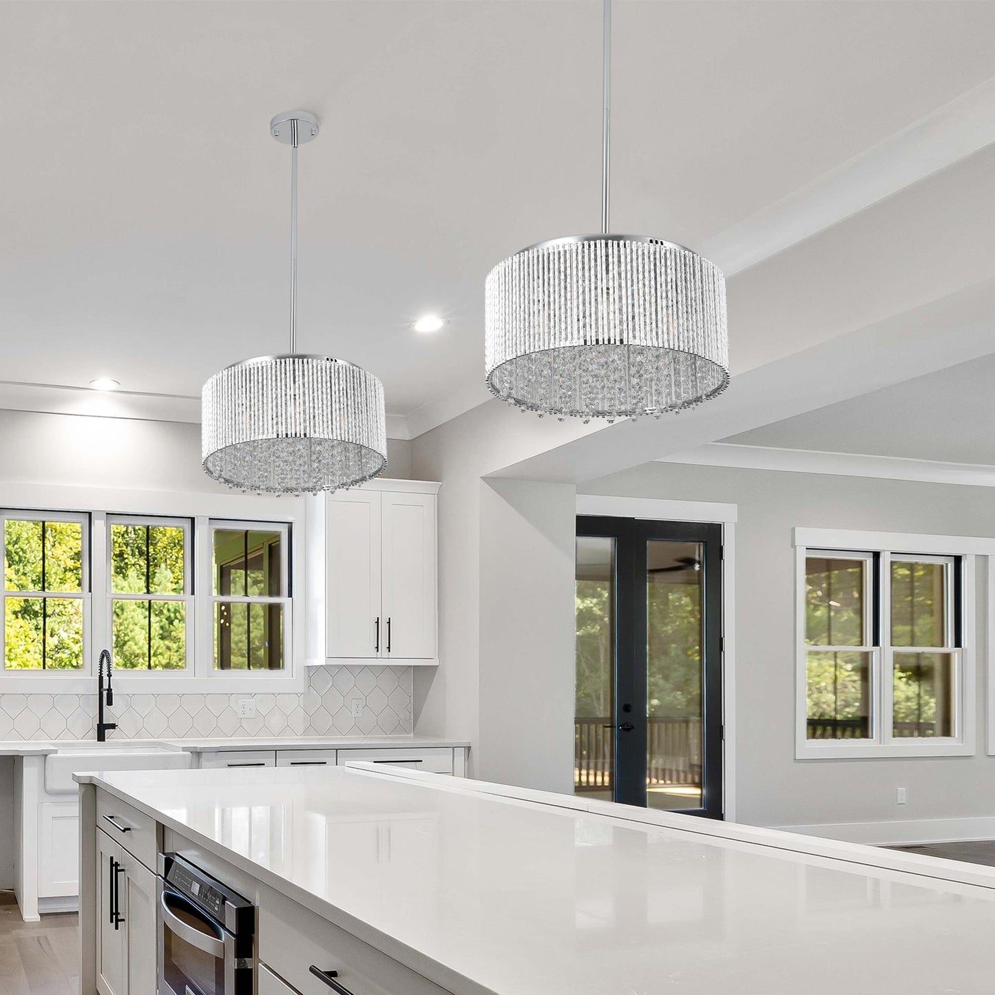 16" Elegant Crystal Pendant Chandelier with Chrome Finish – 7-Light Drum Light Fixture with Clear Crystal Strands for Dining Room, Living Room, or Bedroom (Bulb Not Included)